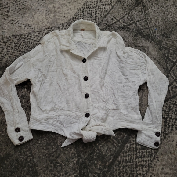 Free People Sun Streaks Tie Front Top Gauzy Button Up Tie Hem White Size Small - Picture 10 of 14